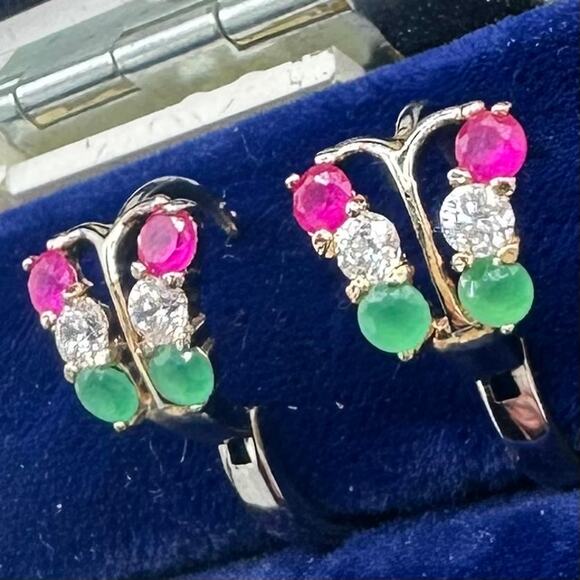 Vintage solid 9kt gold red lab ruby clear green cubic zirconia hoop earrings - Picture 3 of 10